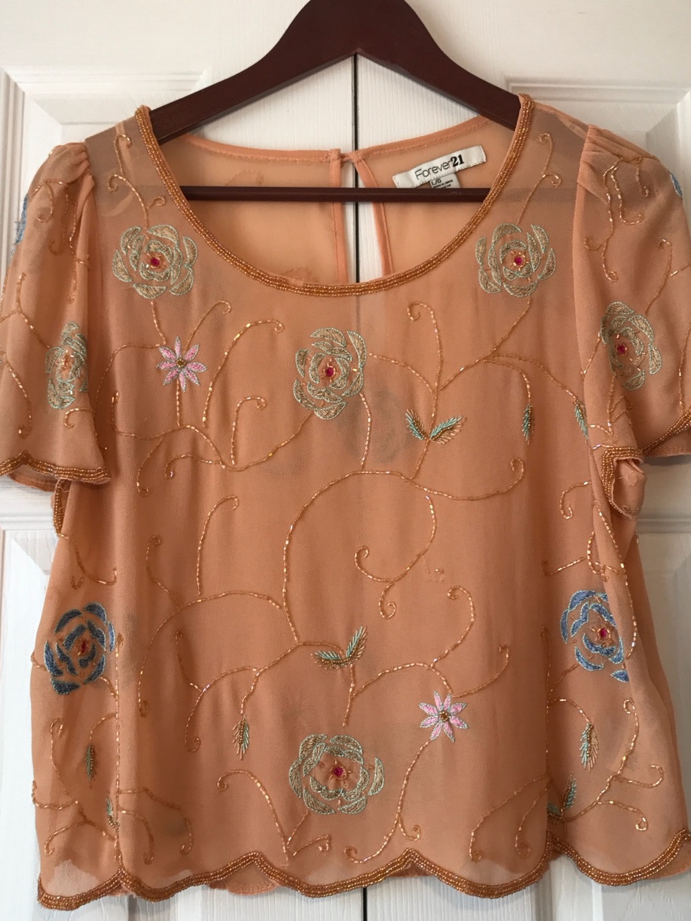 Forever 21 Peach Floral Embroidered Short Sleeve Blouse